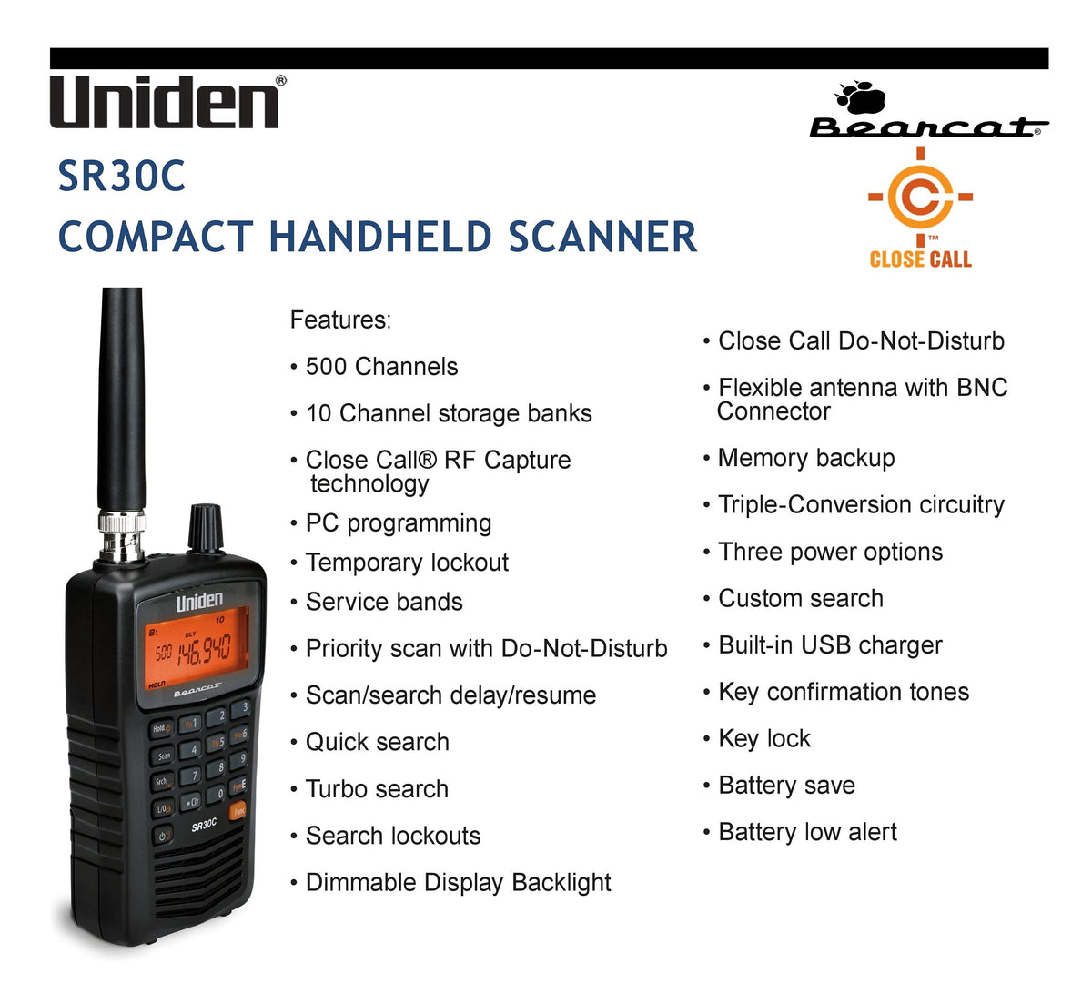 Uniden Bearcat SR30C, Compact Analog Handheld Radio Scanner, 500-Channel