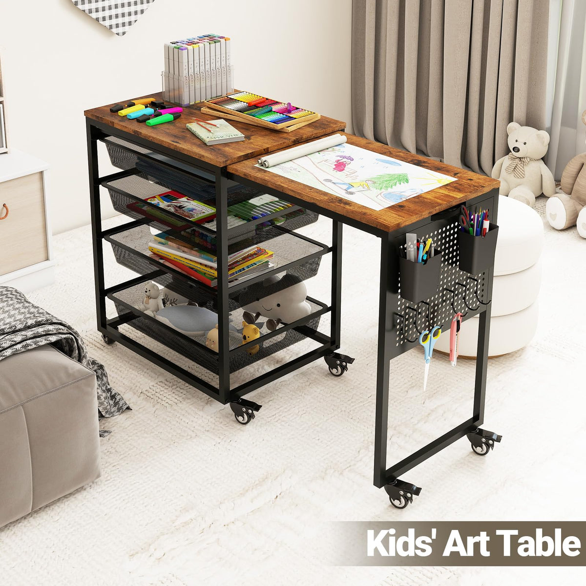 Craft Table with Wheels & Drawer,Extendable Cart with Pegboard,Retro