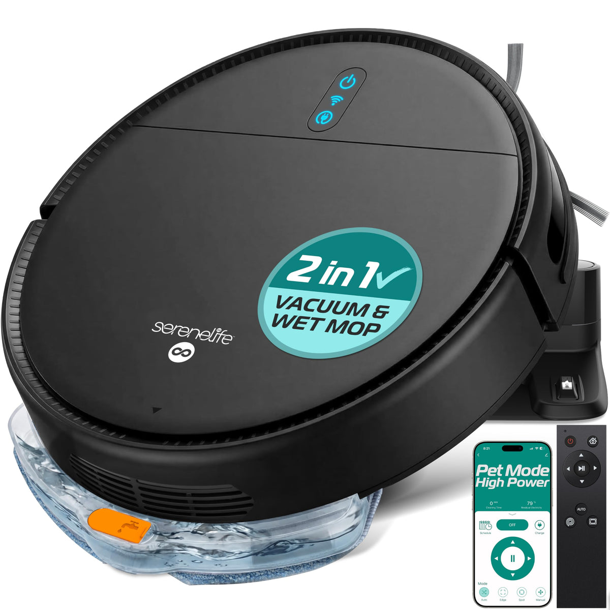 SereneLife Automatic Robot Vacuum Cleaner and Mop Combo, Pro Edition with Upgraded Battery, Extreme Suction, Internal Water Tank - Smart App Control, Ideal for Pet Hair, Carpet and Hard Floors, Black