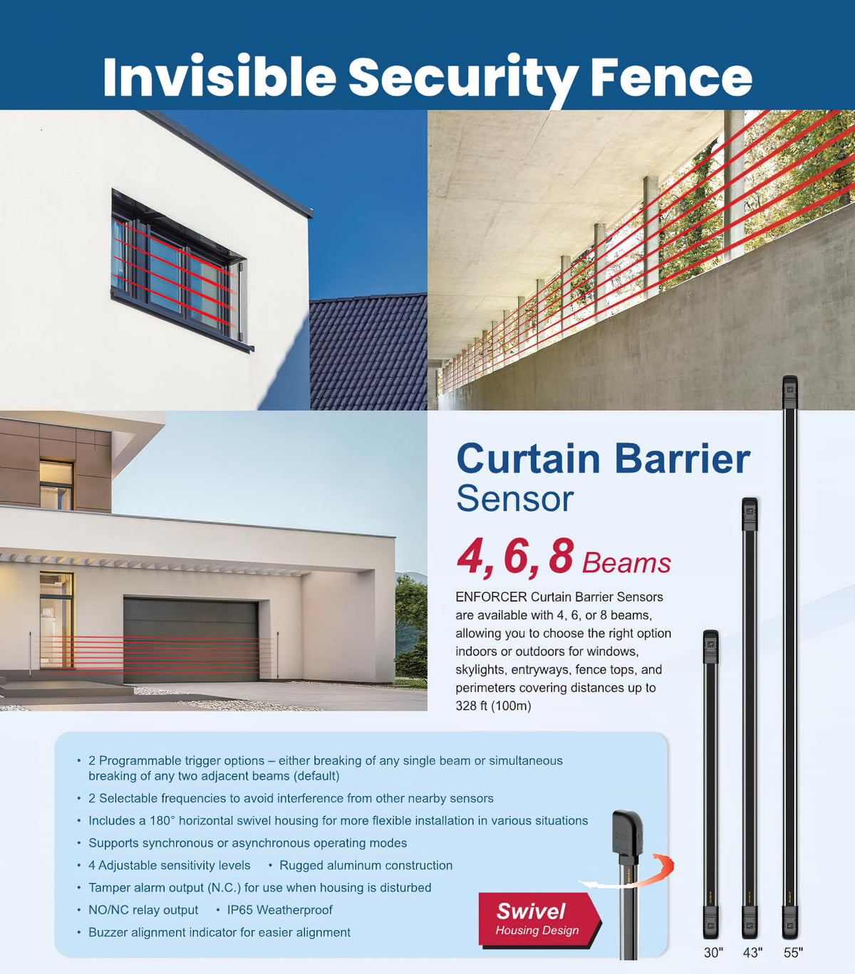 Seco-Larm E-9630-4S328DA Enforcer Curtain Barrier Sensor, 4 Beam Infrared Perimeter Detector, Long Range Photobeam Security System, IP65 Outdoor Motion Sensor, Dual Mode 9-30VDC Alarm Integration