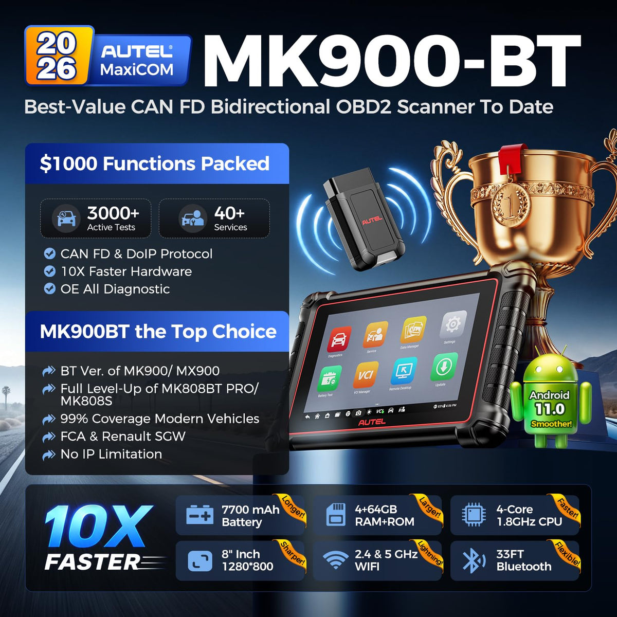 Autel MaxiCOM MK900BT Bidirectional Scanner, 2026 8In MK900-BT 40+ Service CAN FD DoIP, V2.0 of MK900 MX900 MK808S MK808BT PRO MX808S, 3000+ Active Tests 200+ Brands, OE All System Diagnostic Tool FCA