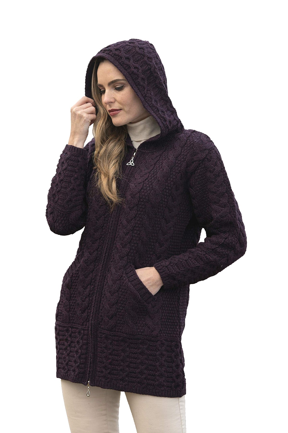 Aran Crafts Irish Women's Cable Knit Hooded Wool Coat (HD4025)