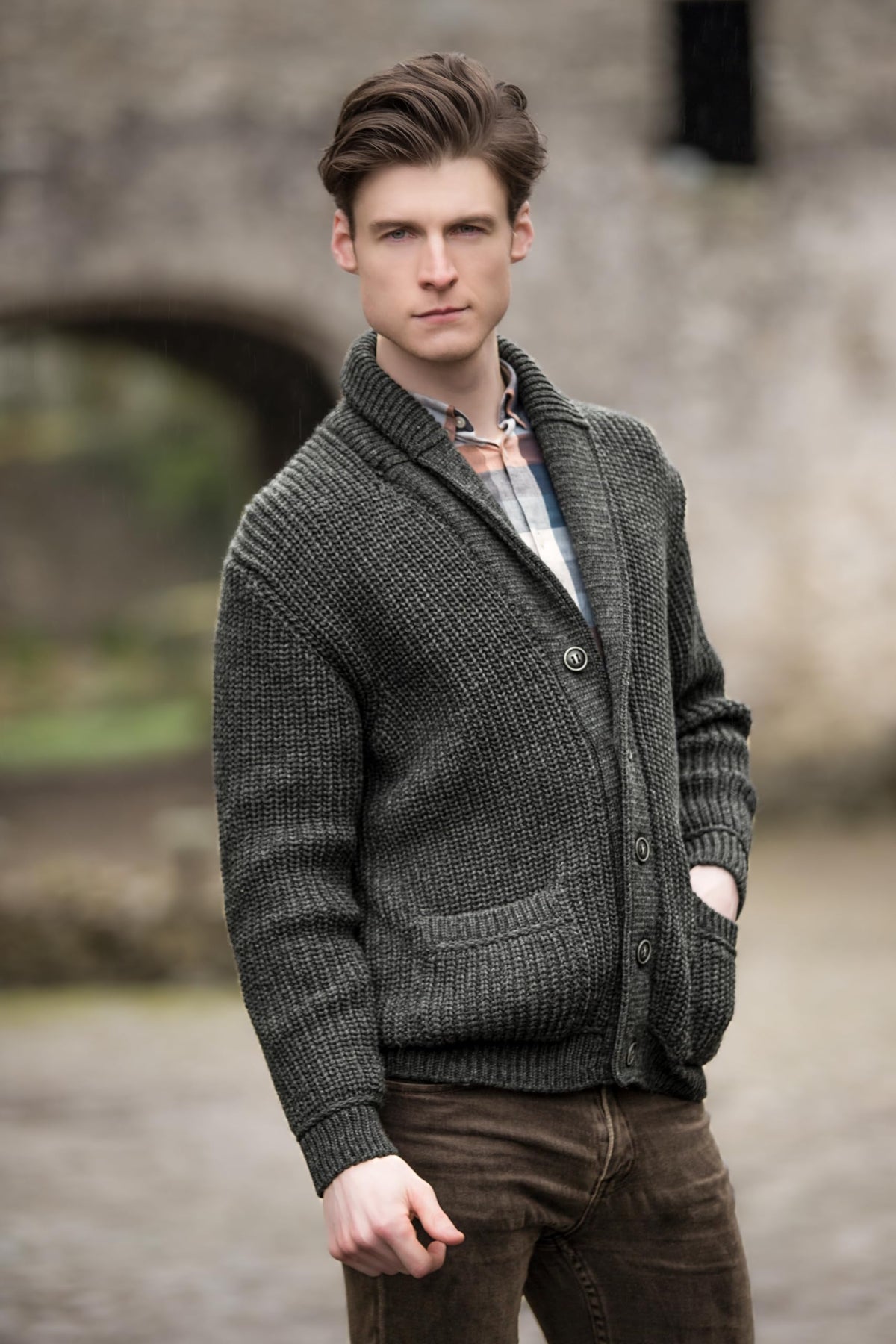 Aran Crafts Men's Irish Cable Knitted Ribbed Shawl Cardigan (100% Merino Wool)