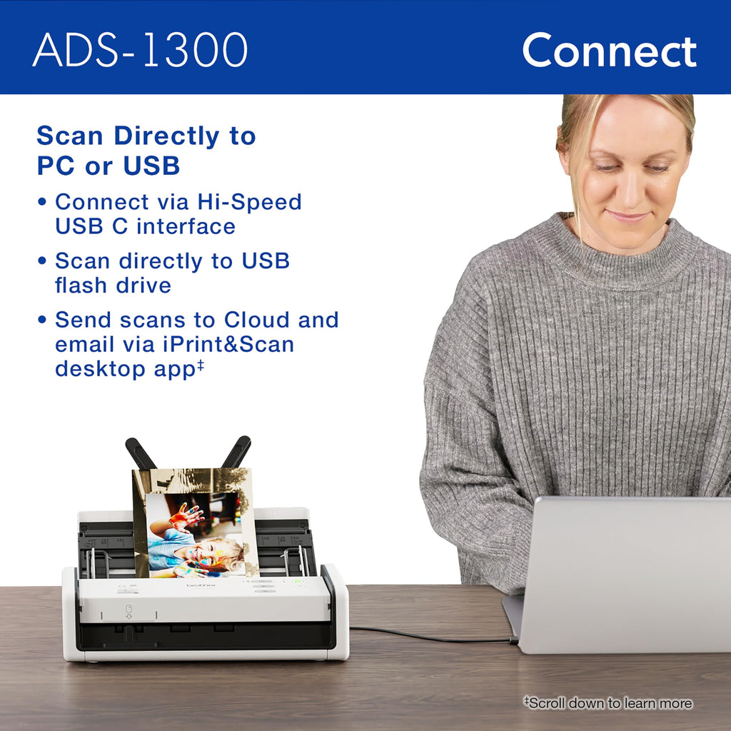 Brother ADS-1300 Compact Desktop Scanner | Scan Speeds of Up to 30ppm | Single Pass Double-Sided Scanning (Renewed Premium)