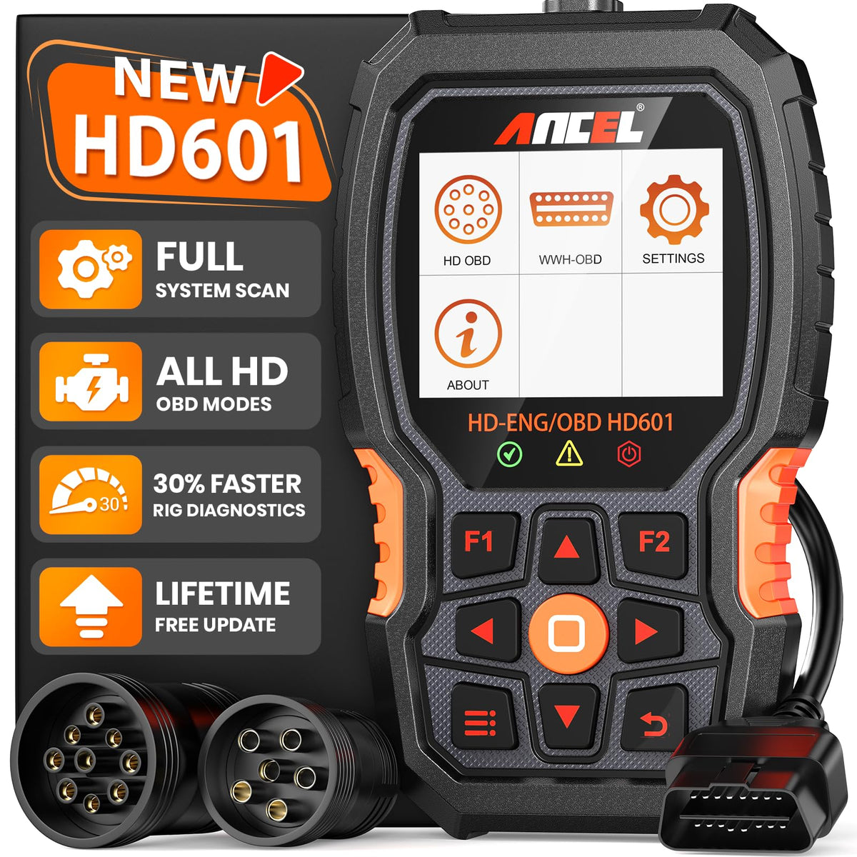 ANCEL New HD601 Heavy Duty Truck Scanner, Diesel Full System Diagnostic Scan Tool Fits for Cummins, Detroit, Volvo, Paccar & Caterpillar, 2 in 1 HDOBD & OBD2 Code Reader for Commercial Vehicles & Cars