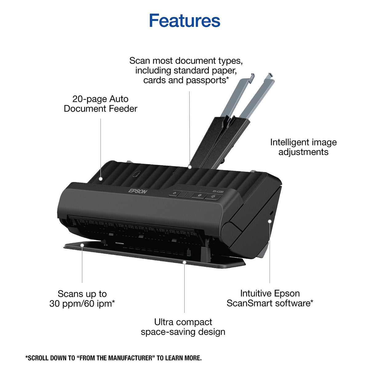 Epson Workforce ES-C220 Compact Document Scanner Duplex 20-pg ADF