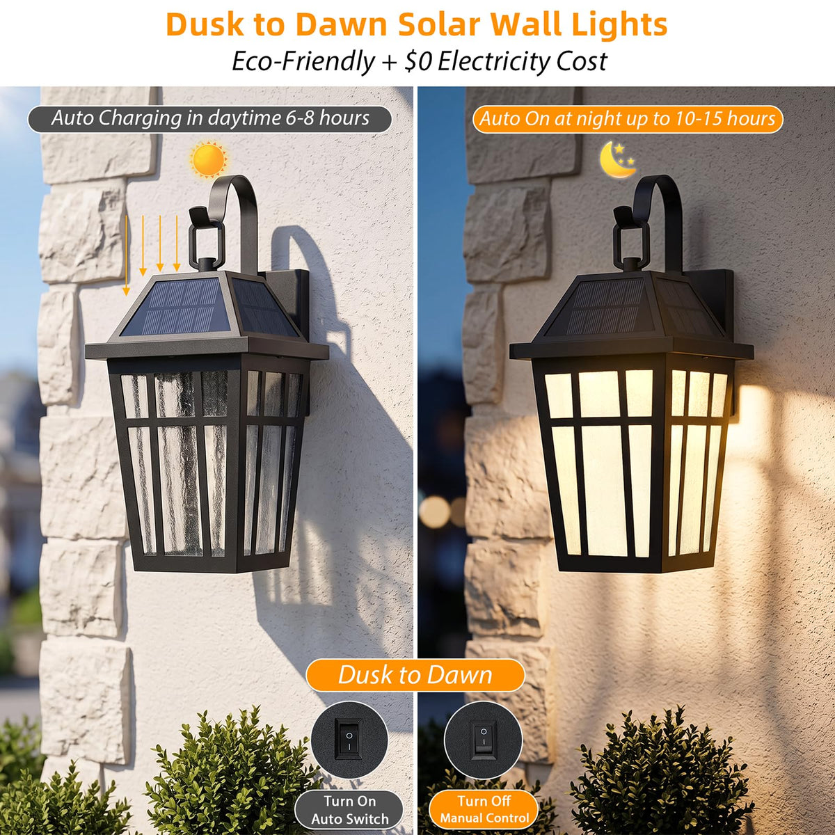 2 Pack Solar Outdoor Wall Lights, 16" Large Motion Sensor Exterior Lighting Fixtures, Dusk to Dawn Black Porch Light Lantern with Buble Glass, Waterproof Modern Outside Light for House Patio Garage