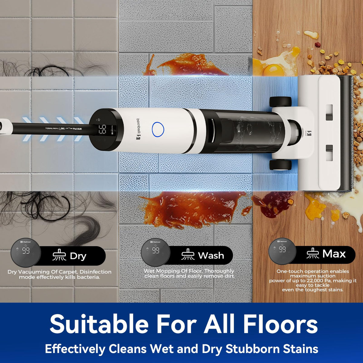 Wet Dry Vacuum Cleaner,22KPa Wet Dry Vacuum Mop with Self-Cleaning,Cordless Vacuum Mop All in One,Up to 75 Mins Runtime,One-Step Self Cleaning,Anti-Tangle Design,SmoothDrive Tech,Lightweight