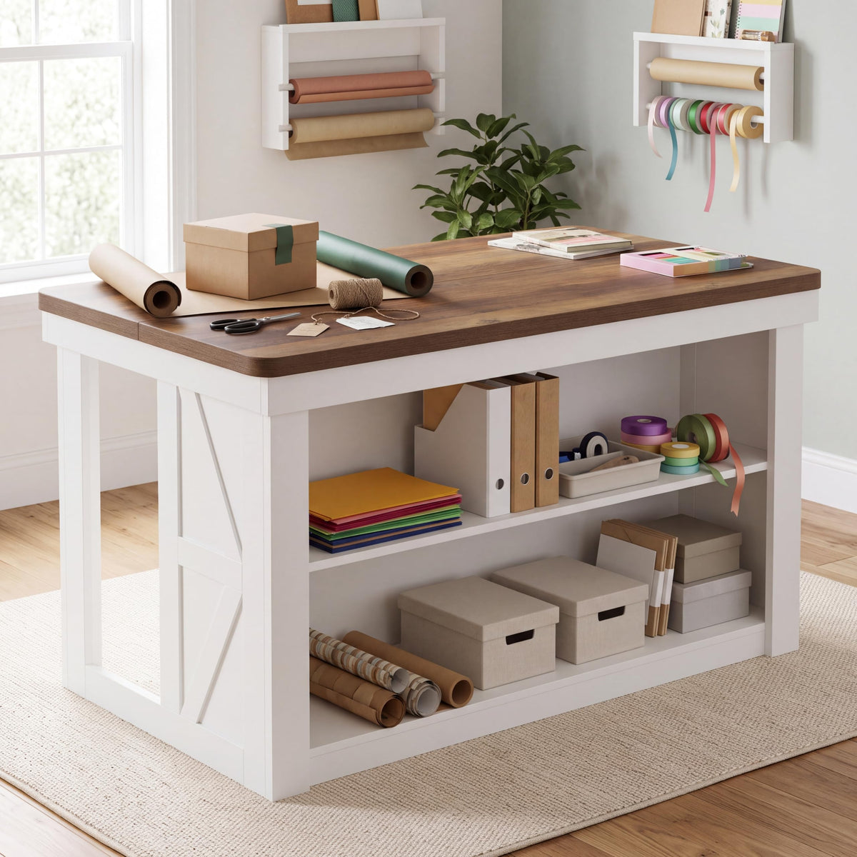 Craft Table with 2-Tier Storage, Counter Height Sewing Cutting Table