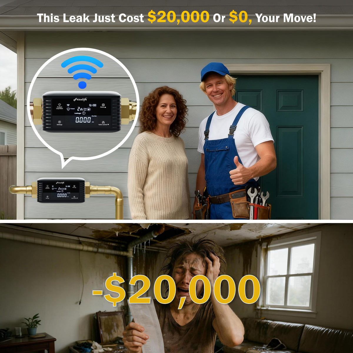 Frizzlife LPG365-P Smart Water Automatic Shutoff Valve W/ 3 Leak Sensors, 0.01 GPM Ultrasonic Micro Leak Detection,Wi-Fi/App Enabled Flow Meter, Pressure+Flow Monitor, 24/7 Water Usage Reports,3/4"＆1"