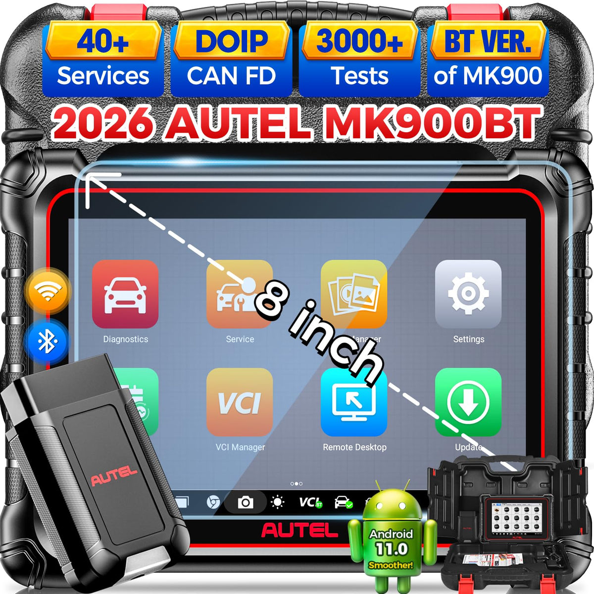 Autel MaxiCOM MK900BT Bidirectional Scanner, 2026 8In MK900-BT 40+ Service CAN FD DoIP, V2.0 of MK900 MX900 MK808S MK808BT PRO MX808S, 3000+ Active Tests 200+ Brands, OE All System Diagnostic Tool FCA