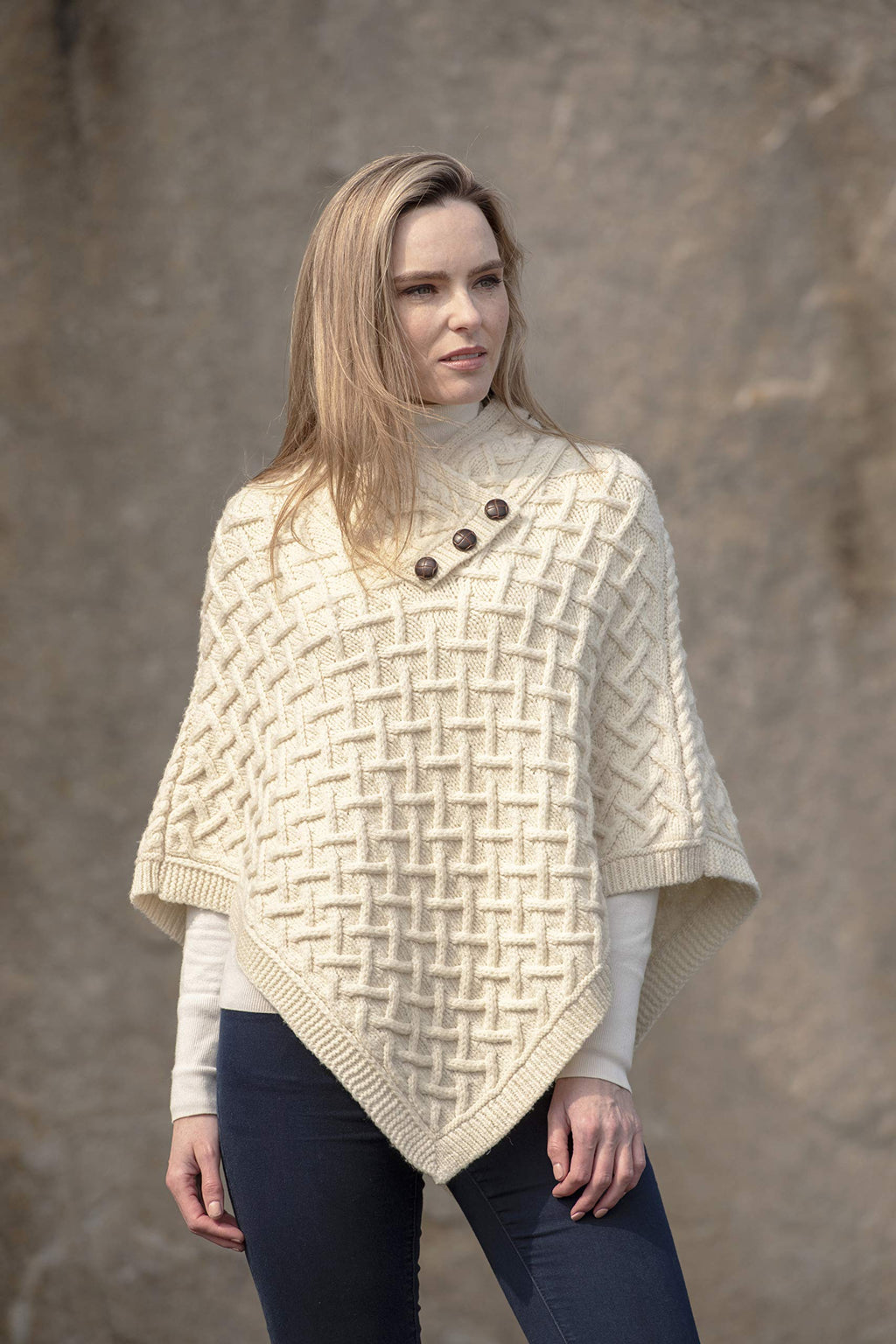 Aran Crafts Women's Cable Knit Nua Button Poncho (100% Super Soft Merino Wool)