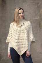 Aran Crafts Women's Cable Knit Nua Button Poncho (100% Super Soft Merino Wool)
