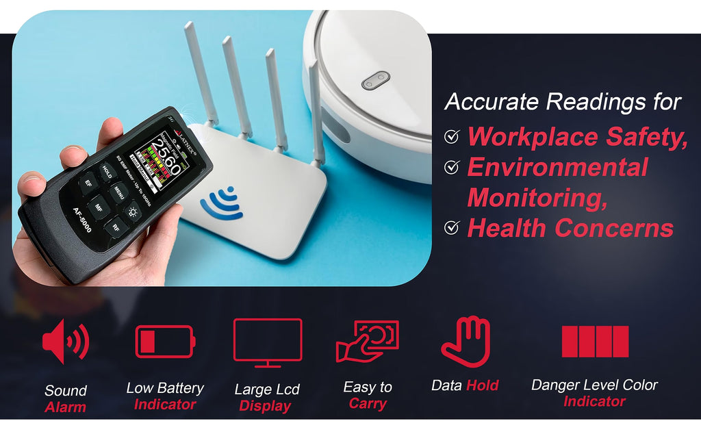 AF-5000 5G EMF Meter RF Detector Tester and Reader with Calibration Certificate - Tests and Measures RF and Microwaves, 3-Axis Gauss or Tesla Magnetic Fields and Electrical ELF Fields