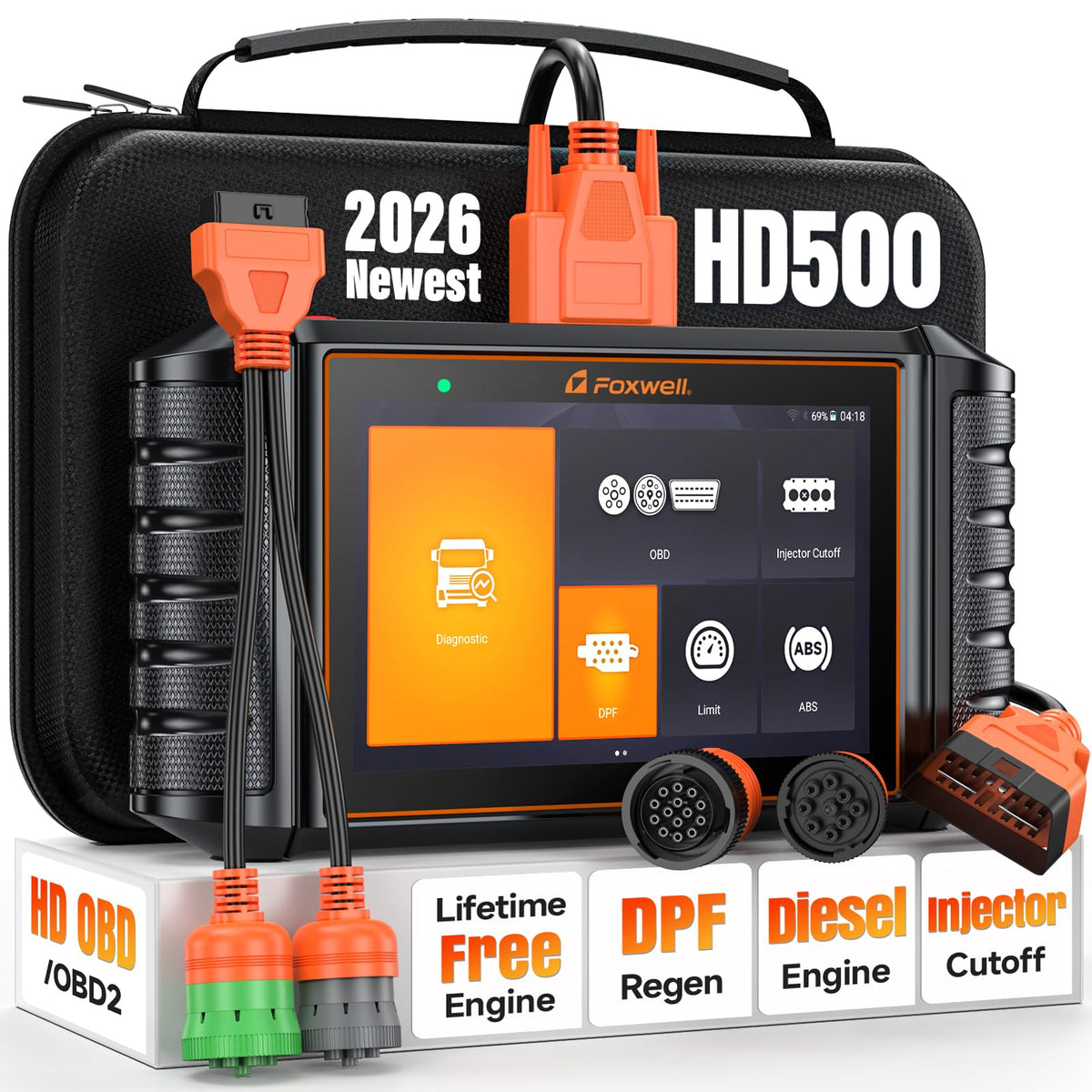 FOXWELL HD500 Heavy Duty Truck Scanner with DPF Regen/Injector Cutoff/Speed Limit Setting, Full System Diagnostic Scan Tool for Cummins, Detroit, Caterpillar, Paccar, Pickup Trucks, Black