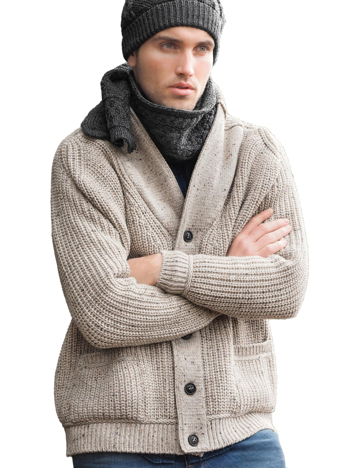 Aran Crafts Men's Irish Cable Knitted Ribbed Shawl Cardigan (100% Merino Wool)