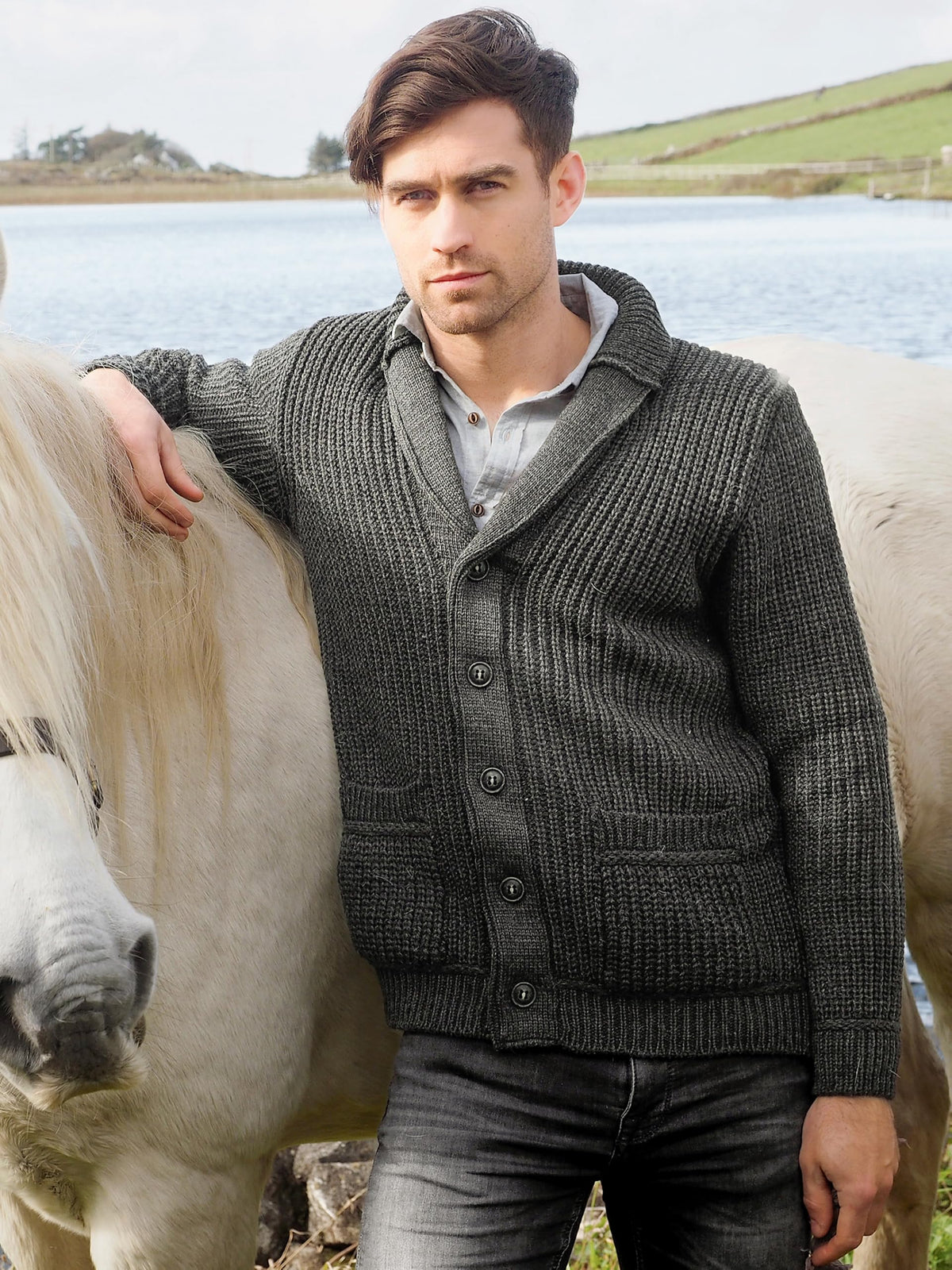 Aran Crafts Men's Irish Cable Knitted Ribbed Shawl Cardigan (100% Merino Wool)