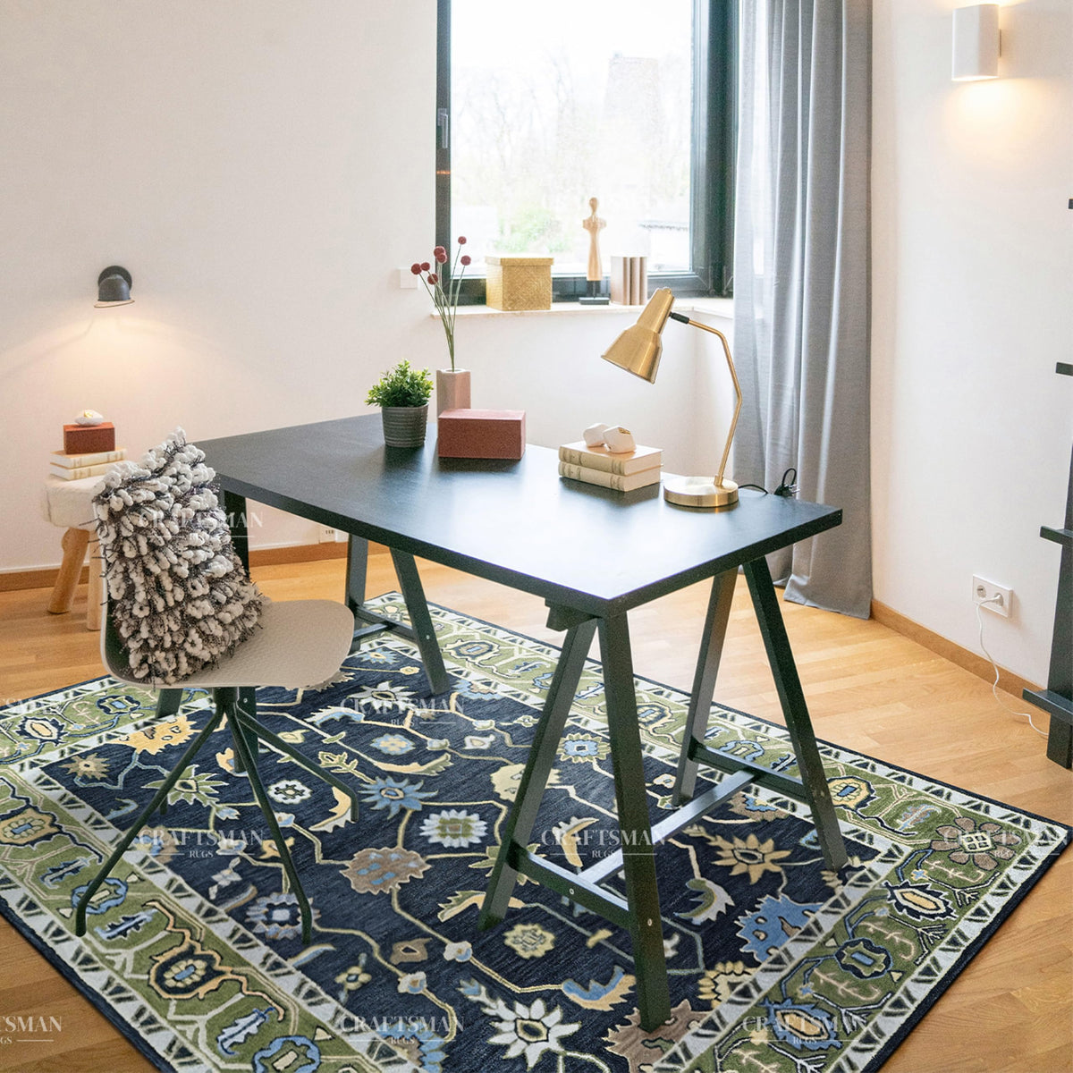 Handmade Premium Wool Rug with Traditional Motifs, Durable & Versatile, Easy to Reposition – Green Border 6x8 Feet, LE-141