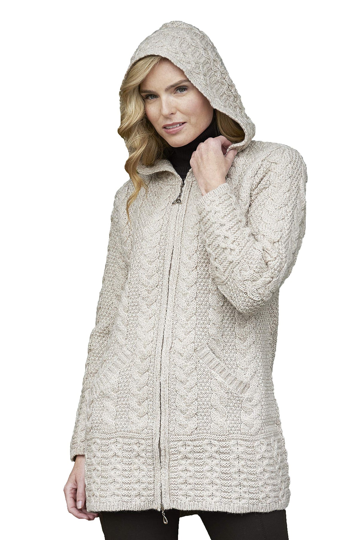 Aran Crafts Irish Women's Cable Knit Hooded Wool Coat (HD4025)