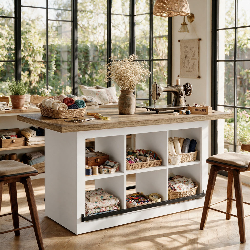 Tribesigns Artwork Craft Table with Storage, Counter Height Sewing Table