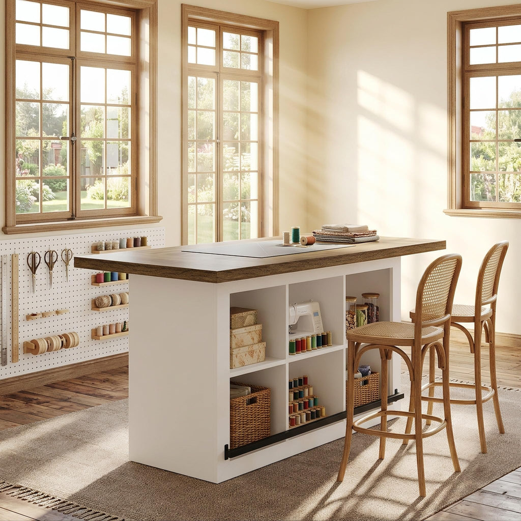 Tribesigns Artwork Craft Table with Storage, Counter Height Sewing Table