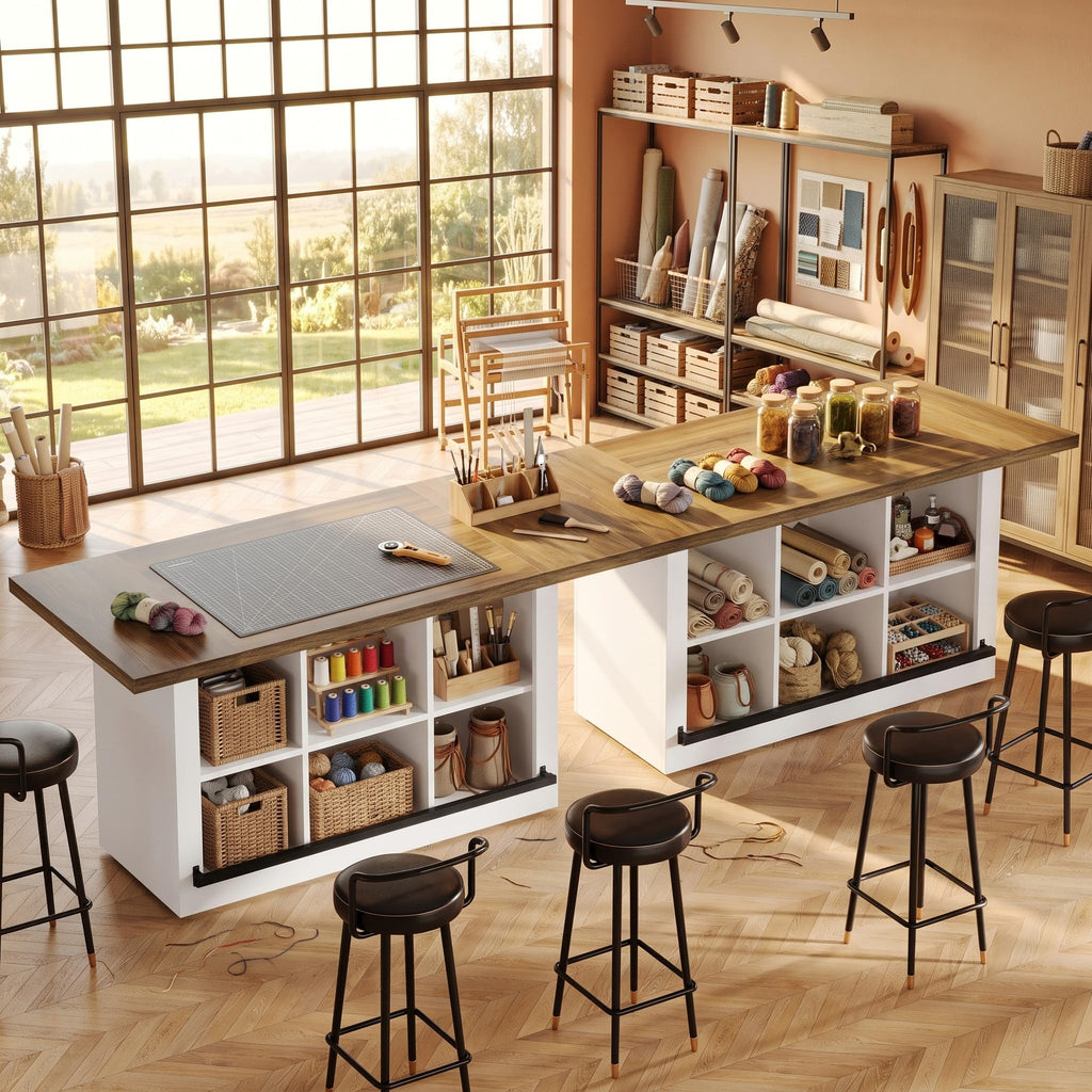 Tribesigns Craft Table with Storage, Counter Height Sewing Table, Art Desk Supply Storage for Craft Room, White&Brown