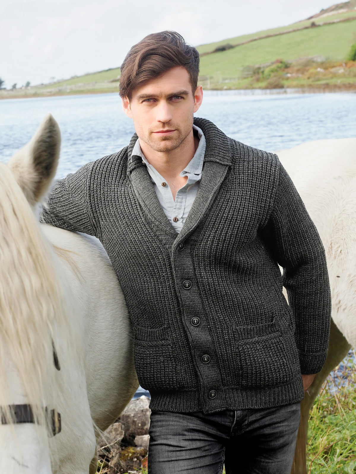 Aran Crafts Men's Irish Cable Knitted Ribbed Shawl Cardigan (100% Merino Wool)
