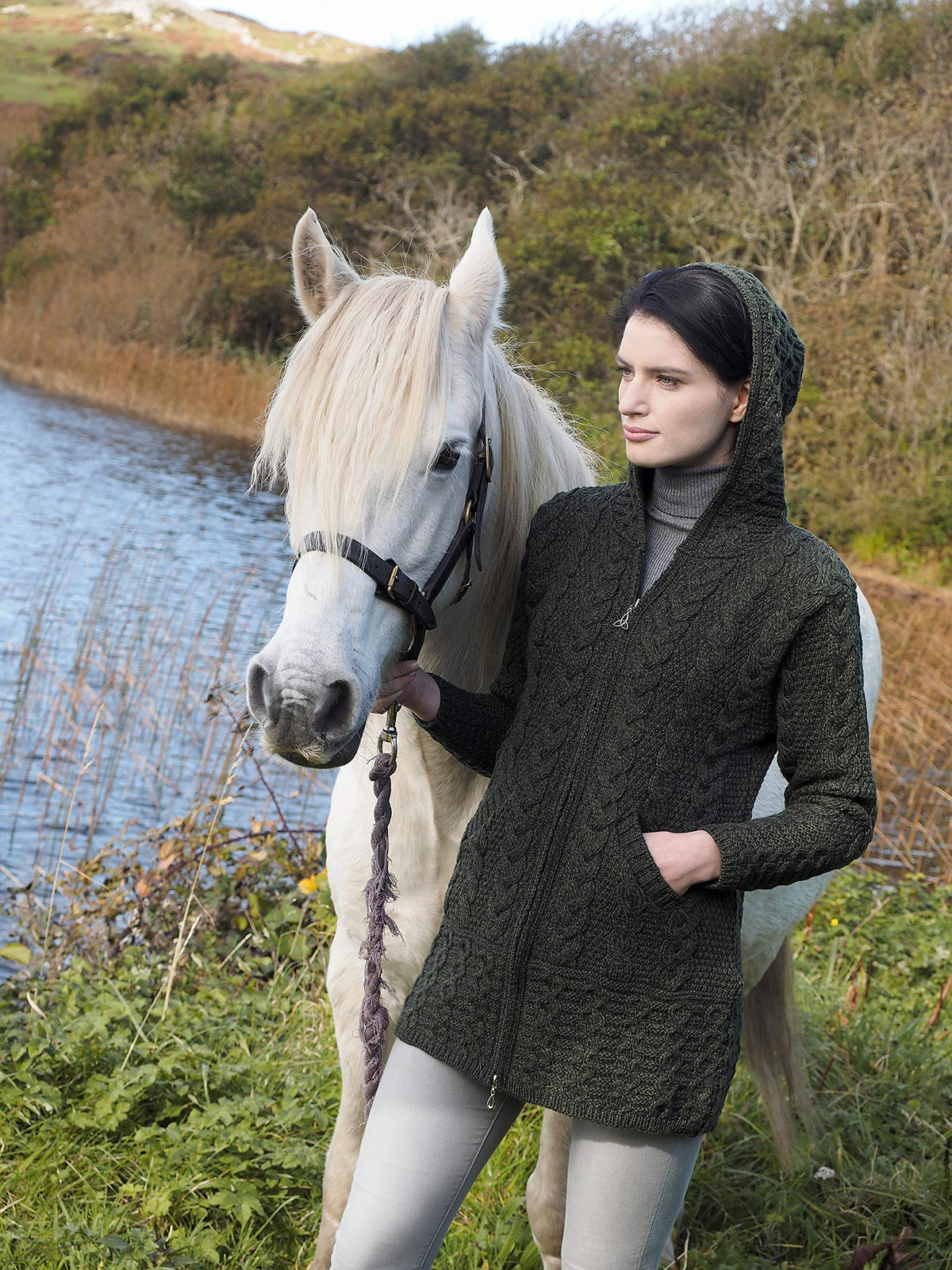 Aran Crafts Irish Women's Cable Knit Hooded Wool Coat (HD4025)