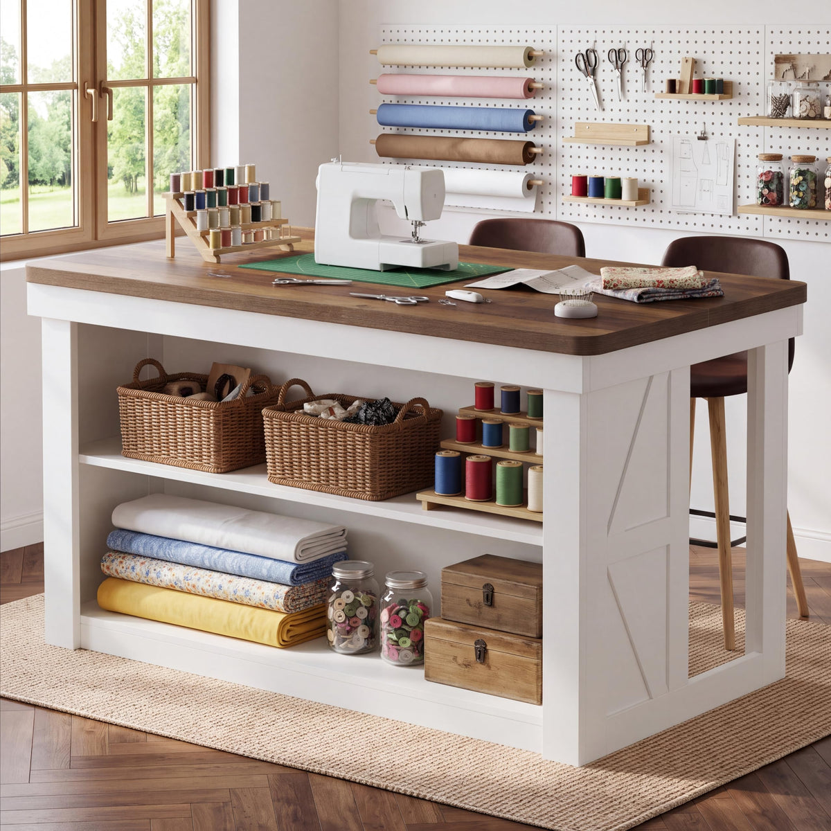 Craft Table with 2-Tier Storage, Counter Height Sewing Cutting Table