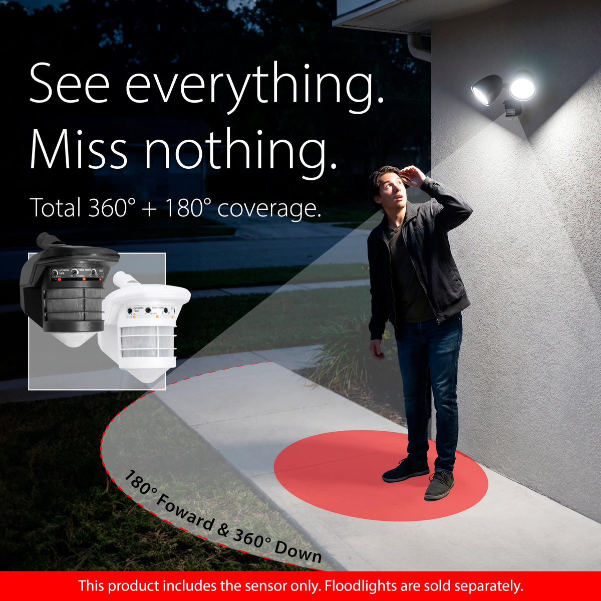 RAB Lighting STL360HW/L Motion Sensor Flood Light Outdoor – 360 Plus 180 Detection, Dual 38W LED PAR38 3600 Lumens, Selectable 3000K 4000K 5000K, Dusk to Dawn, Hardwired 120V White