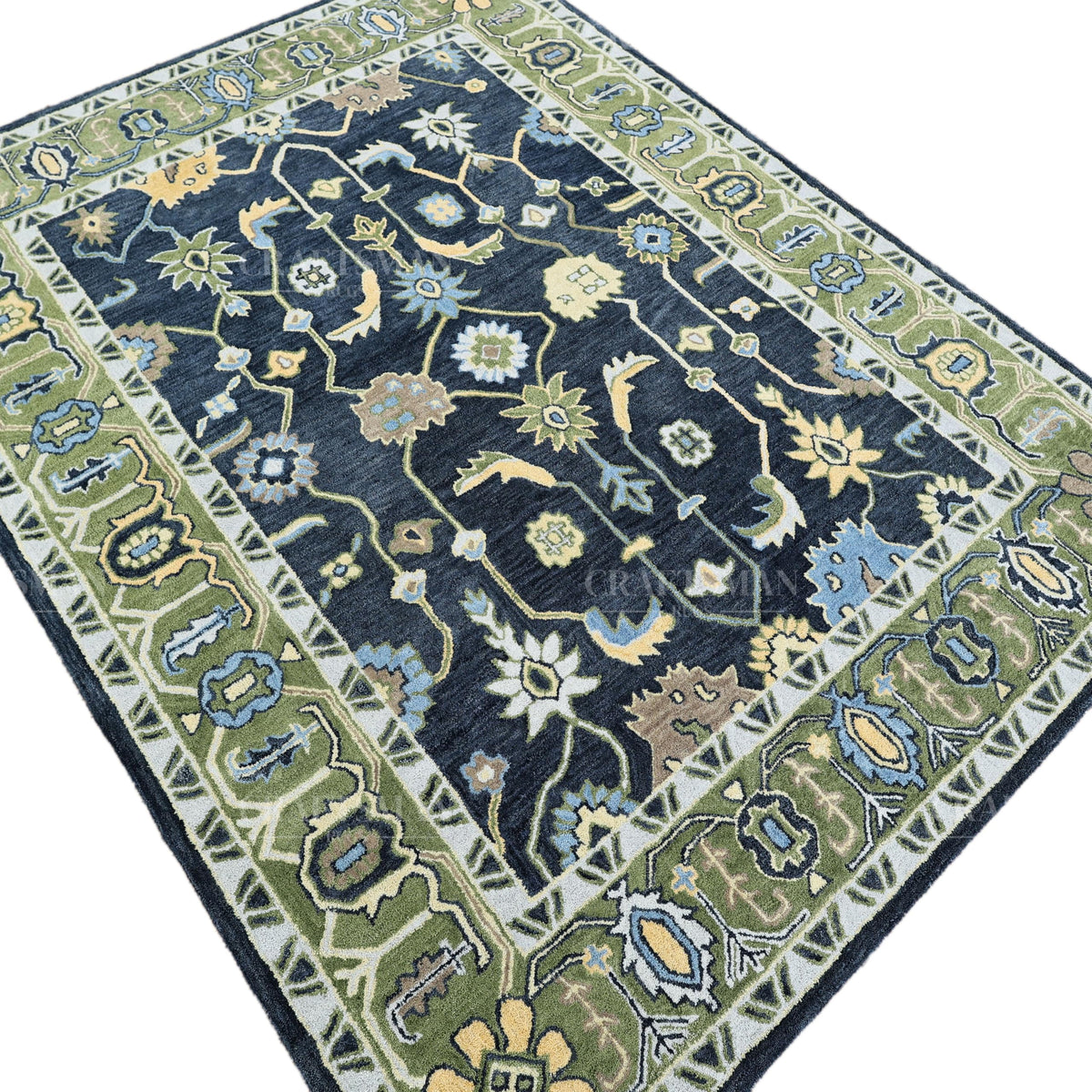 Handmade Premium Wool Rug with Traditional Motifs, Durable & Versatile, Easy to Reposition – Green Border 6x8 Feet, LE-141